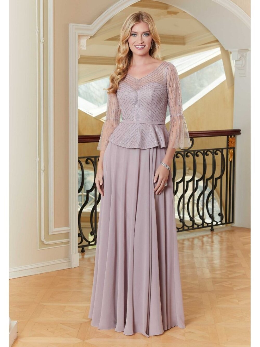 Beaded Dusty Rose Peplum Chiffon Mother of the Bride/Groom Dress MGNY 72706